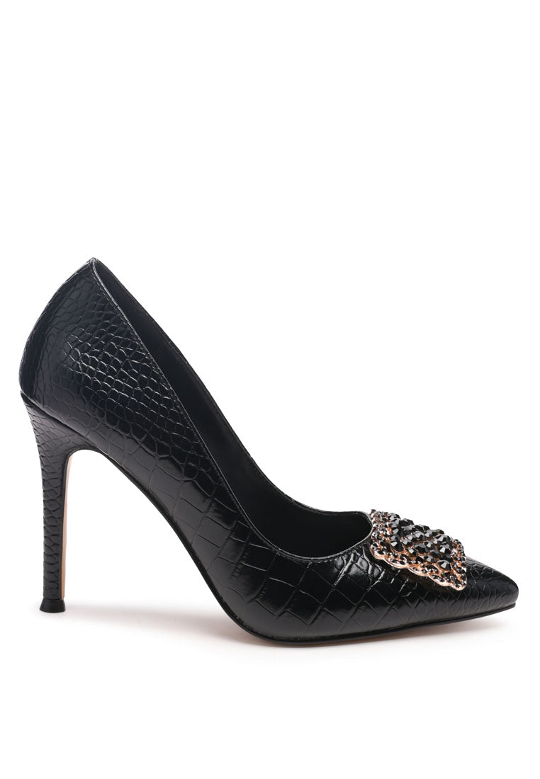 Cirrus Diamante Embellished Brooch Pumps featuring faux leather upper, stiletto heel, and sparkling diamante brooch detail.