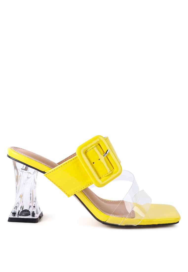 City Girl Buckle Detail Clear Spool Heel Sandals featuring a big pin buckle and crystal effect clear heel, perfect for stylish comfort.