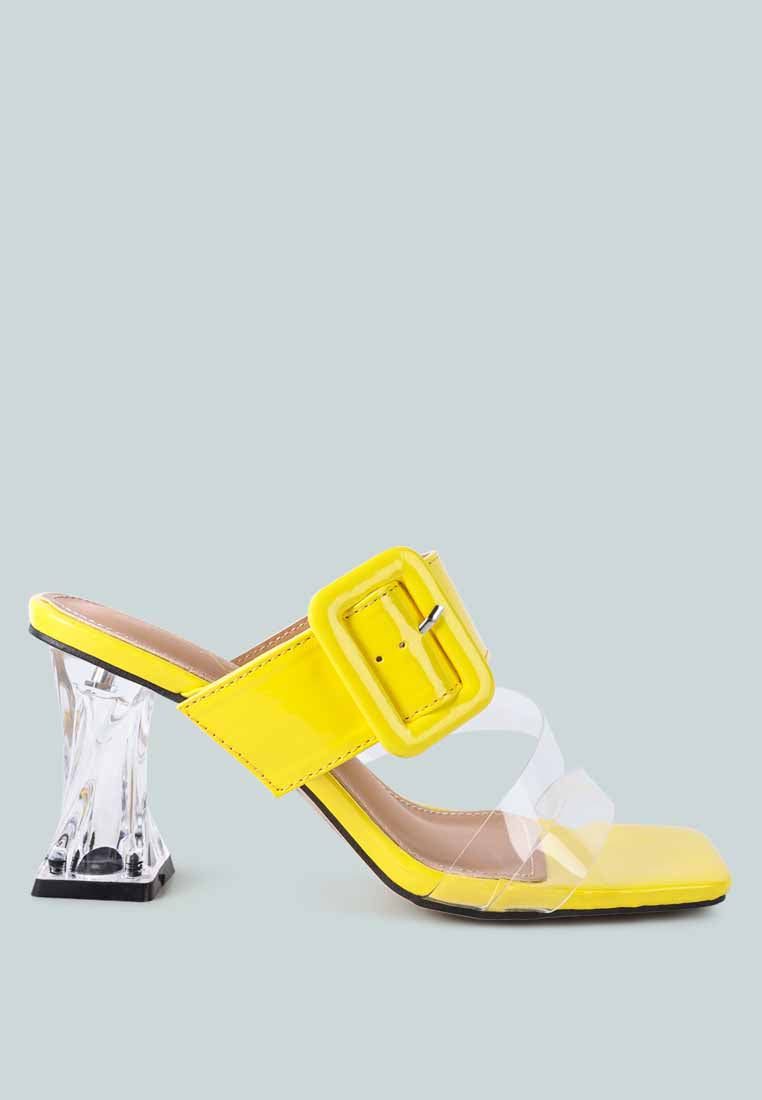 City Girl Buckle Detail Clear Spool Heel Sandals featuring a big pin buckle and crystal effect clear heel, perfect for stylish comfort.