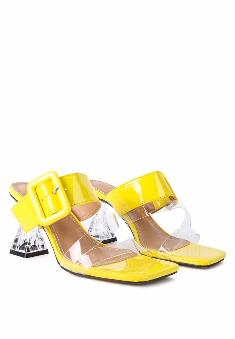 City Girl Buckle Detail Clear Spool Heel Sandals featuring a big pin buckle and crystal effect clear heel, perfect for stylish comfort.