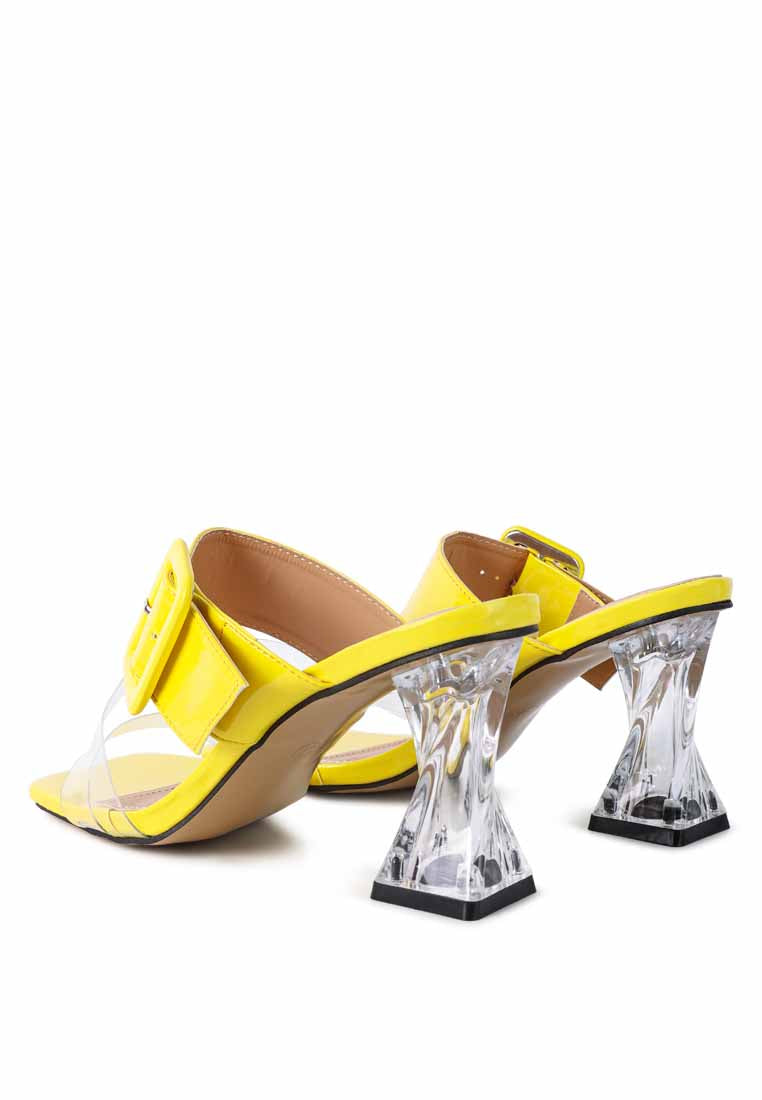 City Girl Buckle Detail Clear Spool Heel Sandals featuring a big pin buckle and crystal effect clear heel, perfect for stylish comfort.