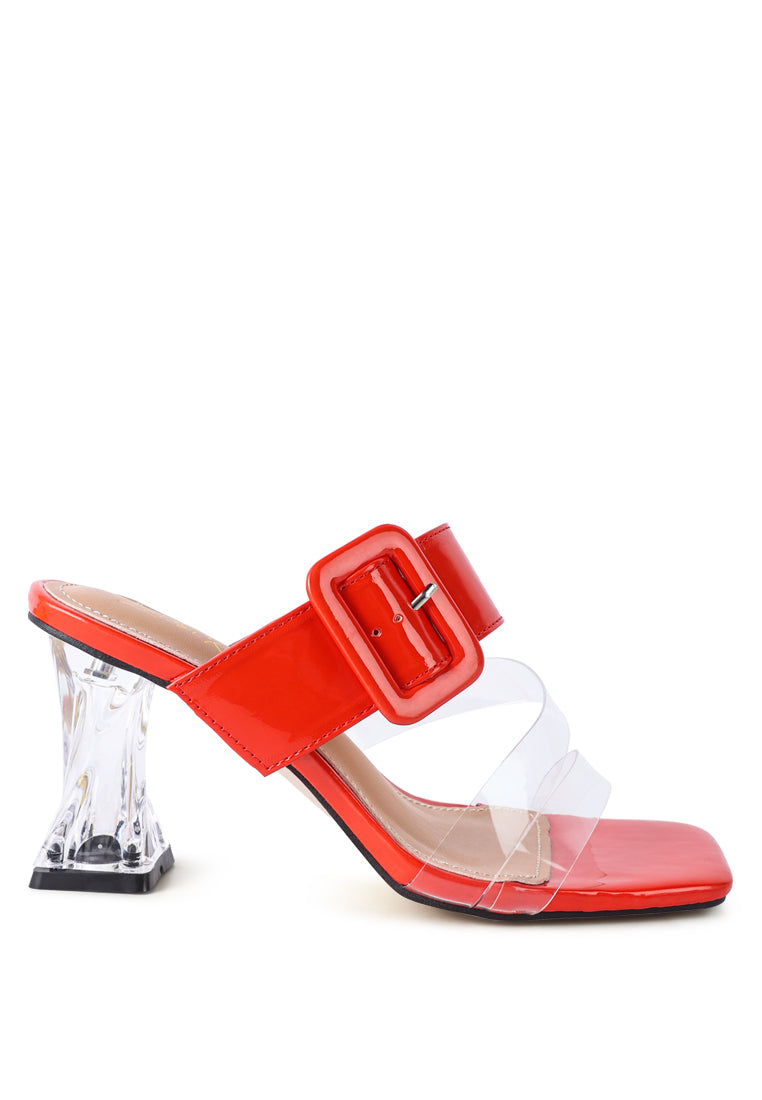 City Girl Buckle Detail Clear Spool Heel Sandals featuring a big pin buckle and crystal effect clear heel, perfect for stylish comfort.