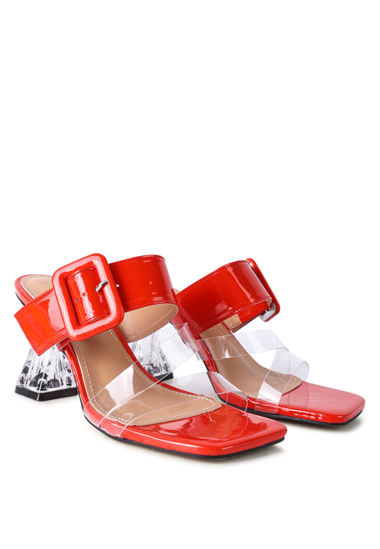 City Girl Buckle Detail Clear Spool Heel Sandals featuring a big pin buckle and crystal effect clear heel, perfect for stylish comfort.