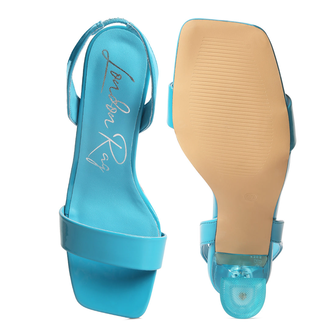 A pair of stylish clear spool heel sandals in vibrant colors, featuring an open square toe and sling back design, perfect for summer wear.