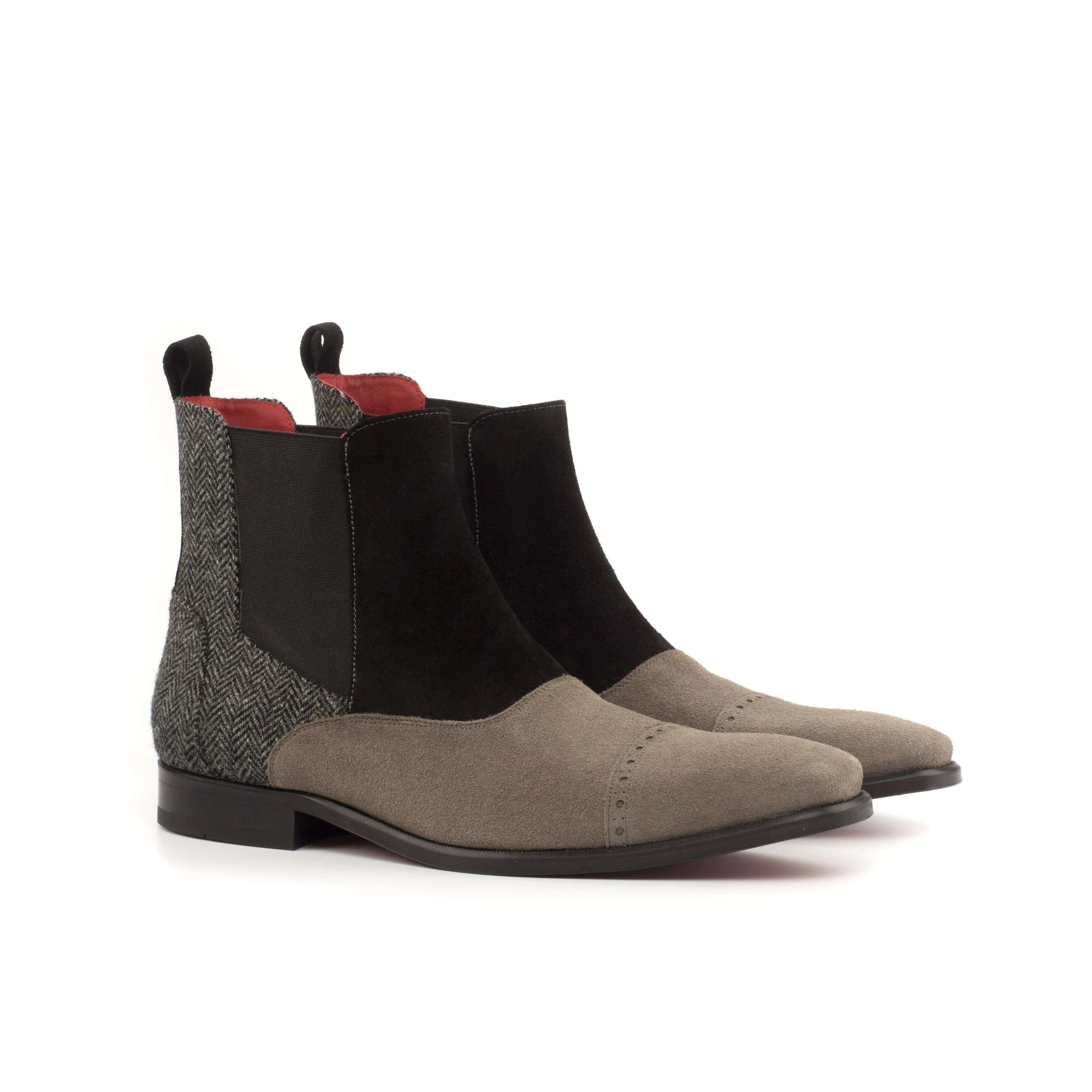 CM20 Chelsea Boots II featuring black and grey suede with a red Goodyear leather sole, showcasing a classic slip-on design.