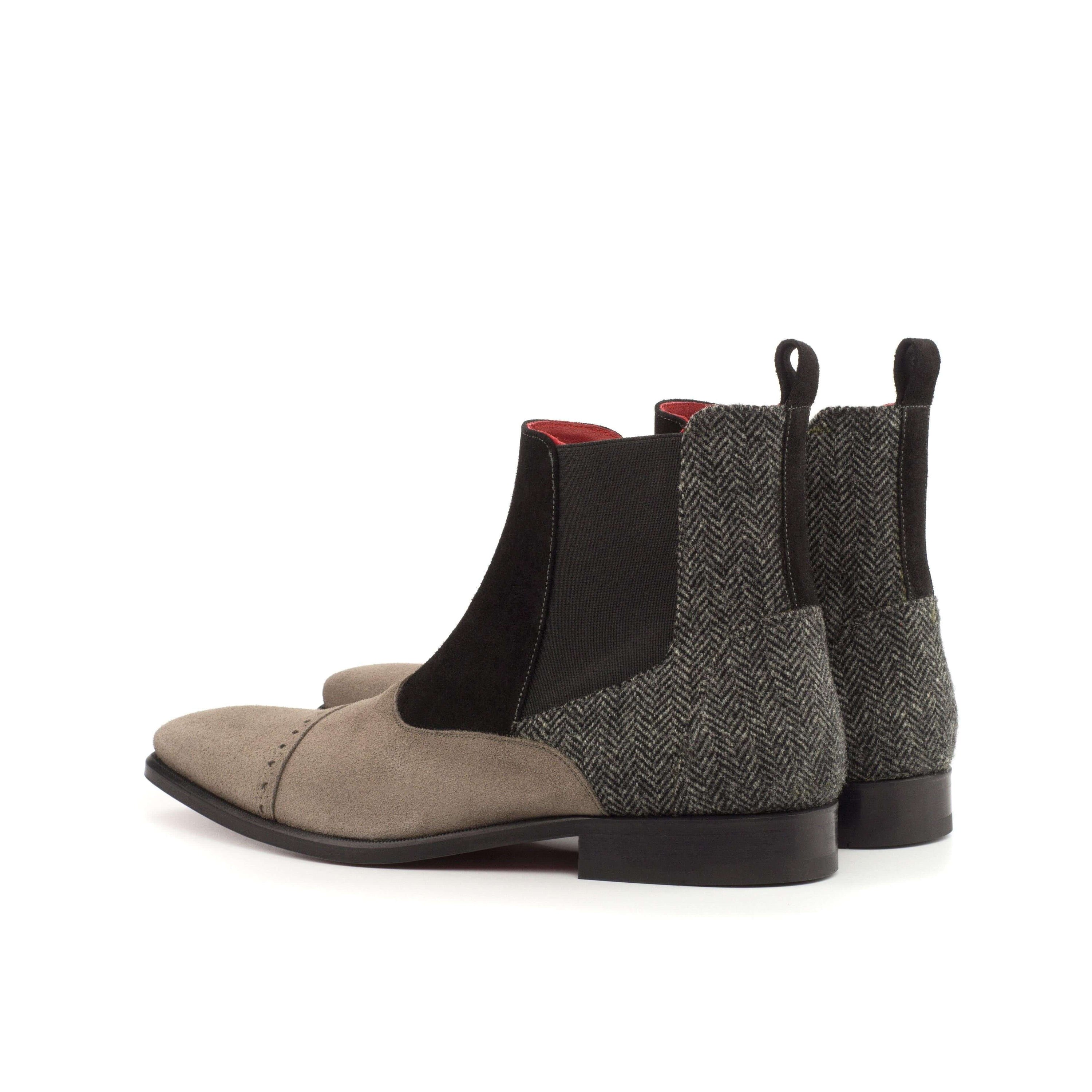 CM20 Chelsea Boots II featuring black and grey suede with a red Goodyear leather sole, showcasing a classic slip-on design.