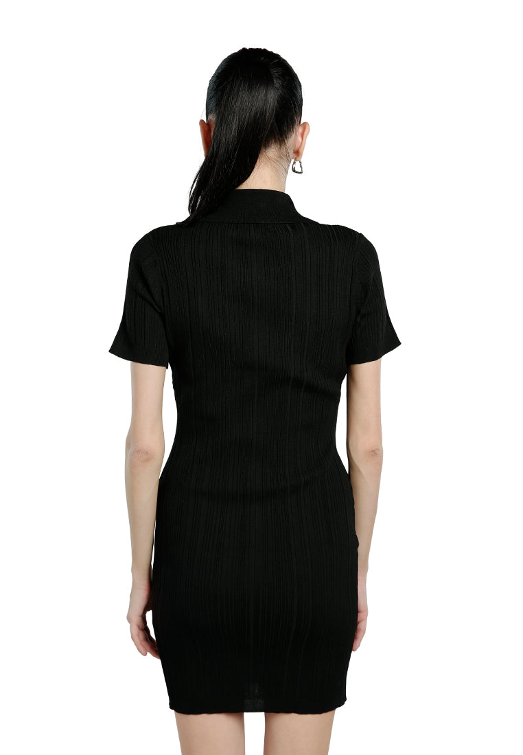 A stylish Collared Bodycon Sweater Dress featuring a heat set striped texture, button-down detail, and a figure-hugging silhouette, perfect for work or casual outings.