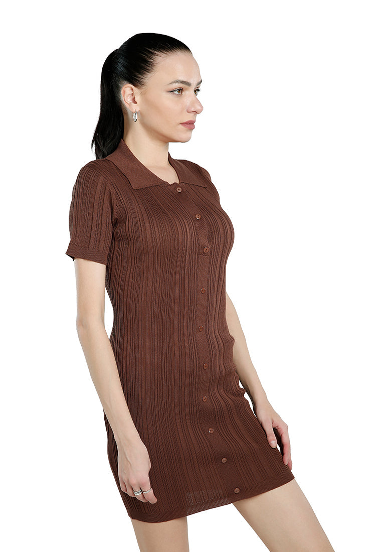 A stylish Collared Bodycon Sweater Dress featuring a heat set striped texture, button-down detail, and a figure-hugging silhouette, perfect for work or casual outings.