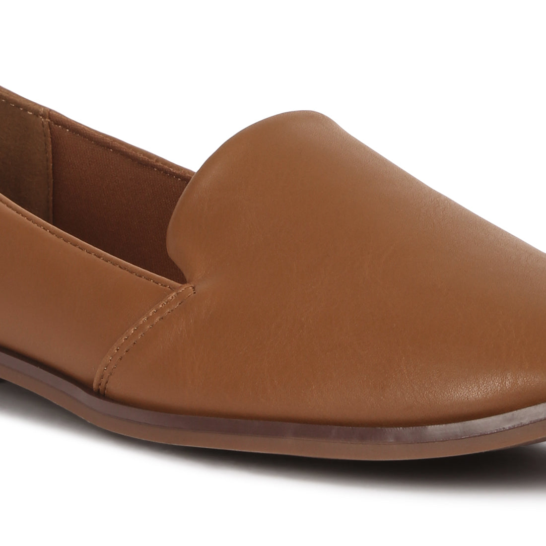 A pair of brown Comfortable Fit Moccasin Loafers with a soft PU upper and TPR outer sole, showcasing a stylish closed toe design.