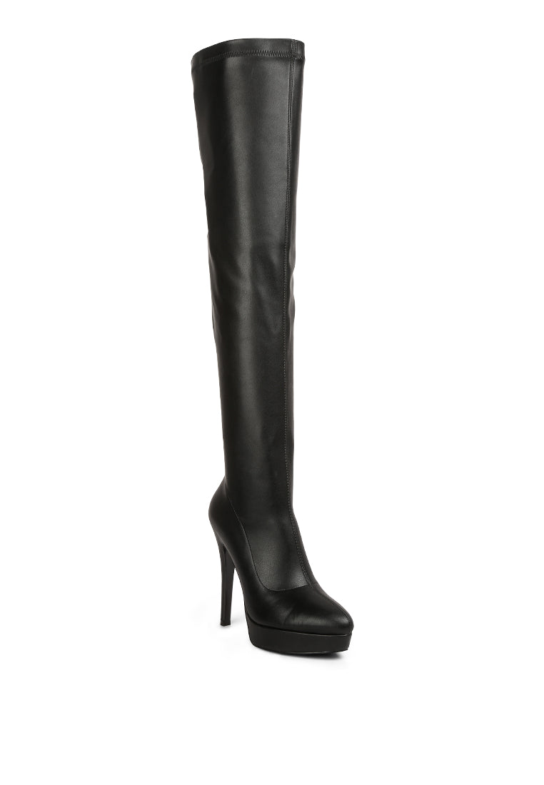 Confetti Stretch PU High Heel Long Boots featuring a sleek design, high stilettos, and a side zipper for easy wear.