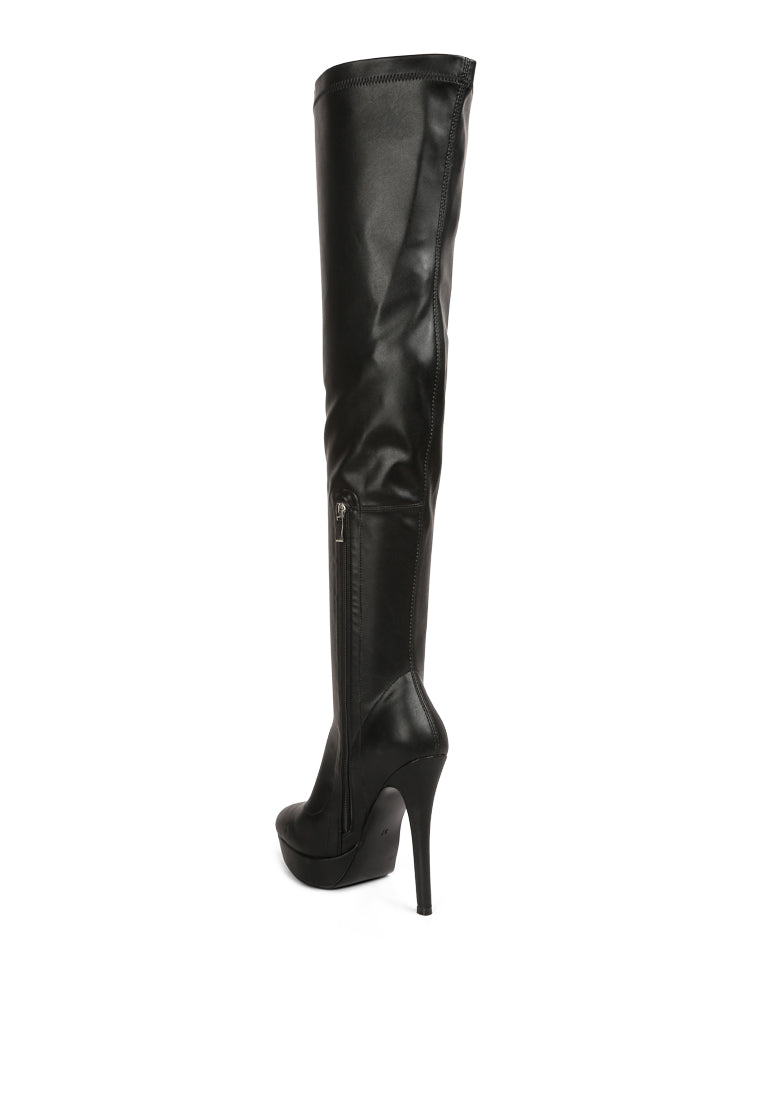 Confetti Stretch PU High Heel Long Boots featuring a sleek design, high stilettos, and a side zipper for easy wear.