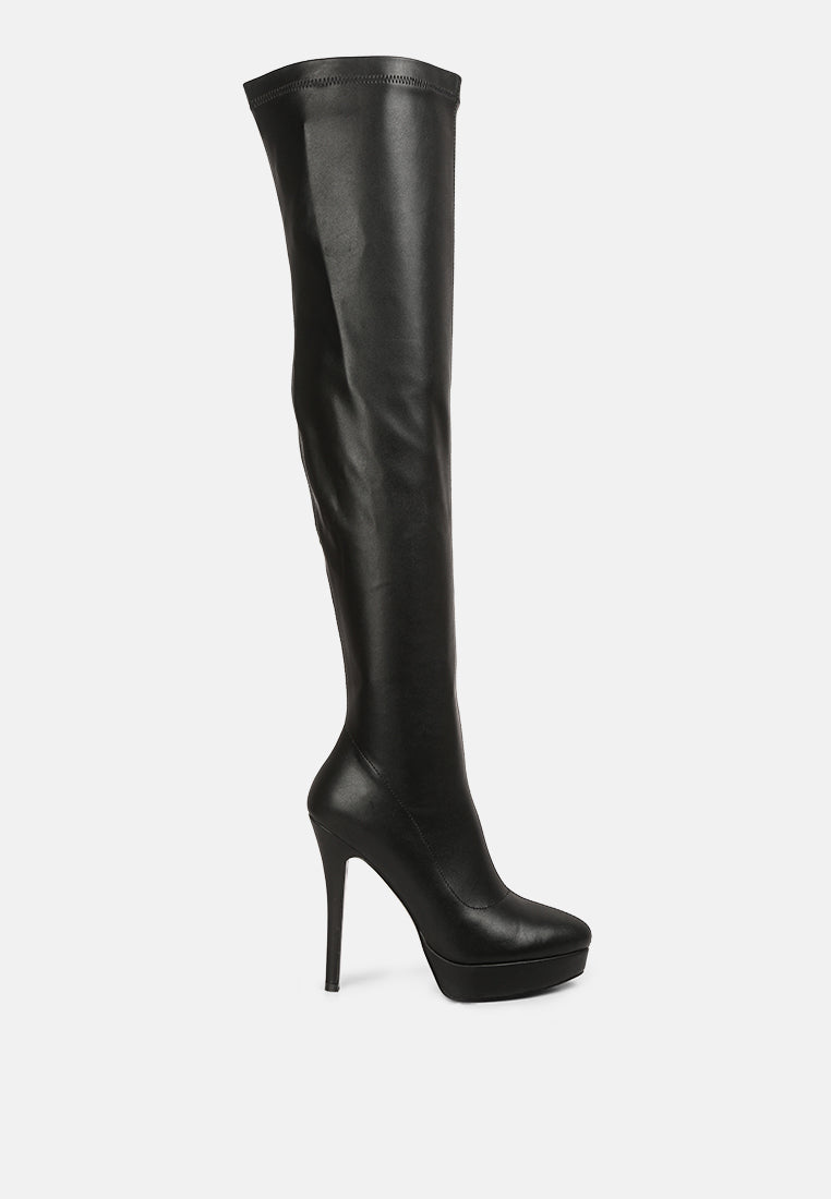 Confetti Stretch PU High Heel Long Boots featuring a sleek design, high stilettos, and a side zipper for easy wear.