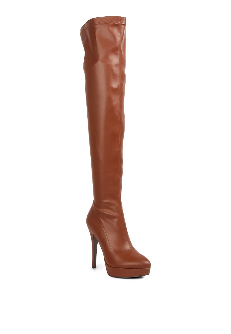 Confetti Stretch PU High Heel Long Boots featuring a sleek design, high stilettos, and a side zipper for easy wear.