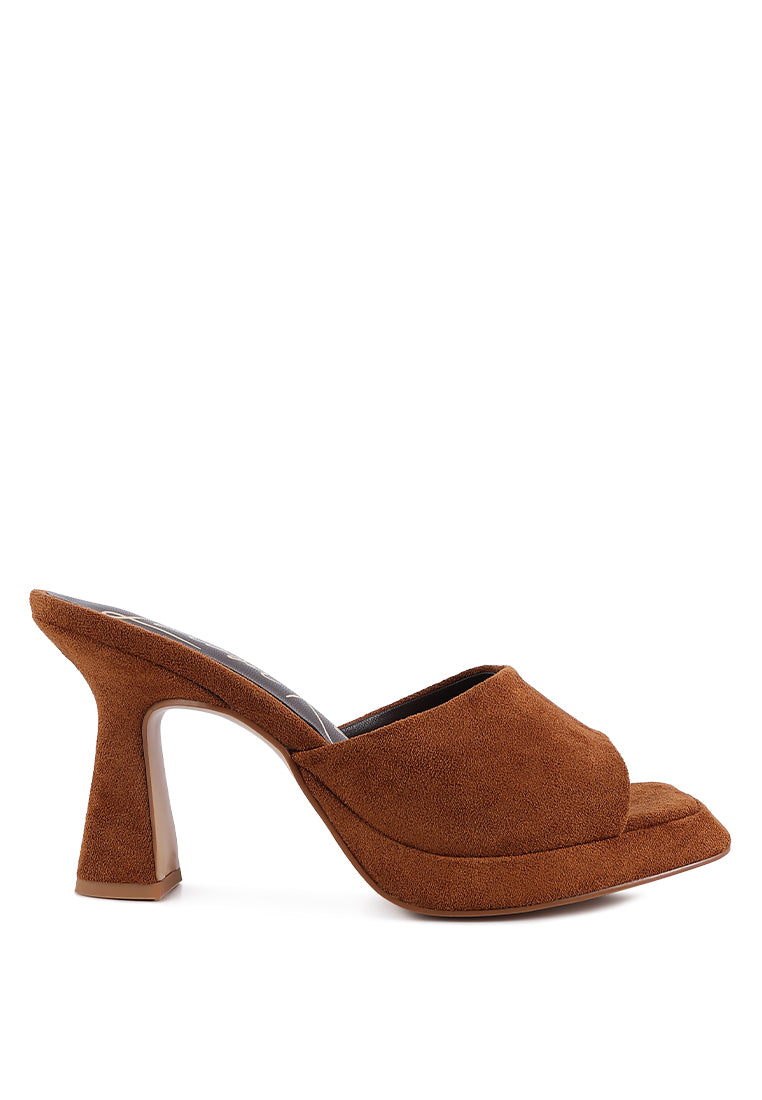 A pair of stylish Copyme Micro Suede Slip On Spool Heel Sandals featuring a soft microfiber upper and mid-high spool heels.