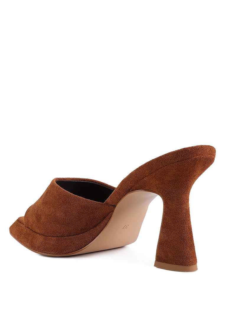 A pair of stylish Copyme Micro Suede Slip On Spool Heel Sandals featuring a soft microfiber upper and mid-high spool heels.