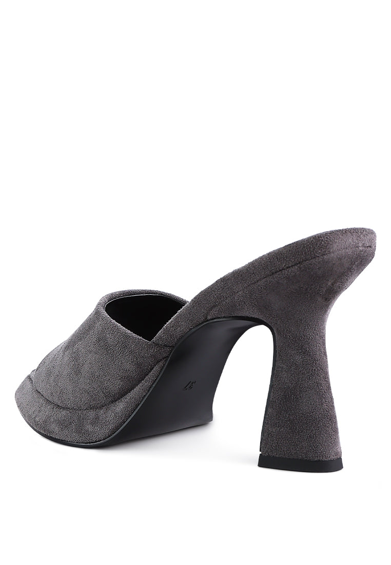 A pair of stylish Copyme Micro Suede Slip On Spool Heel Sandals featuring a soft microfiber upper and mid-high spool heels.