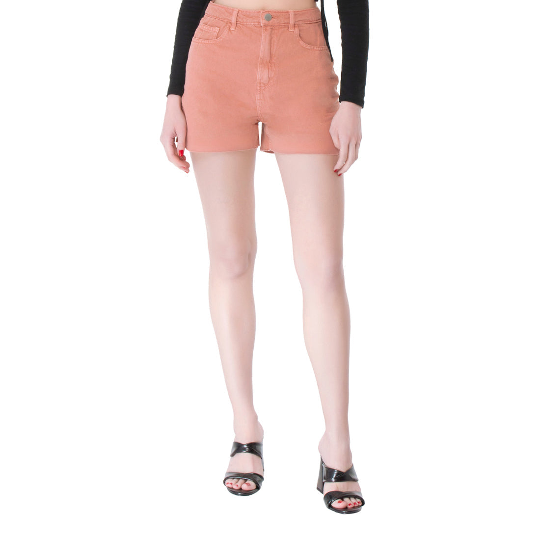 A pair of coral denim shorts with a raw hem, featuring front and back pockets, perfect for summer styling.