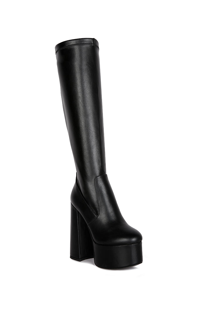 Coraline High Block Heeled Calf Boots in faux leather with elasticated gussets and block heels, perfect for winter occasions.