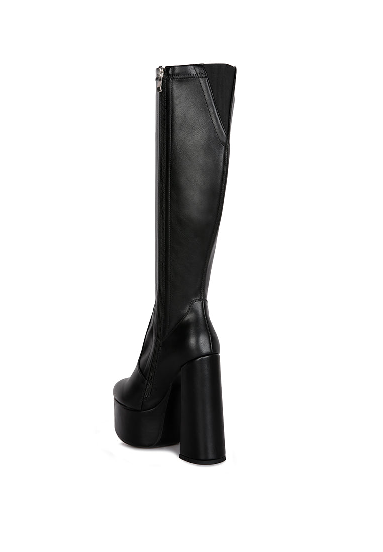 Coraline High Block Heeled Calf Boots in faux leather with elasticated gussets and block heels, perfect for winter occasions.