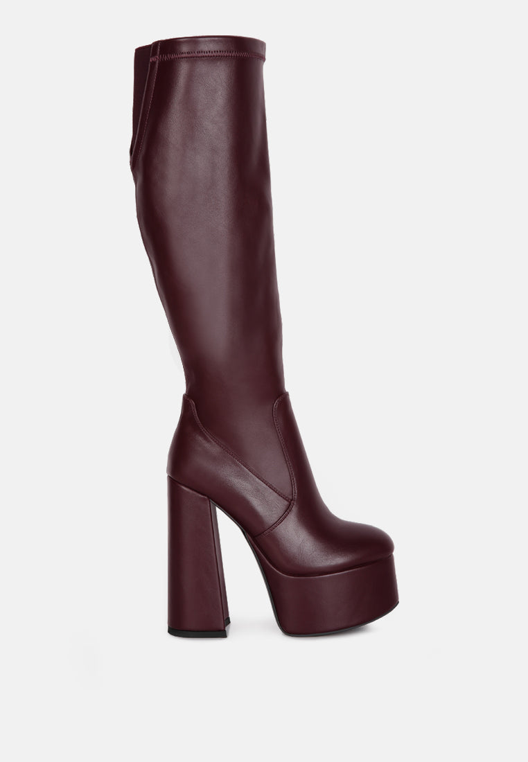 Coraline High Block Heeled Calf Boots in faux leather with elasticated gussets and block heels, perfect for winter occasions.