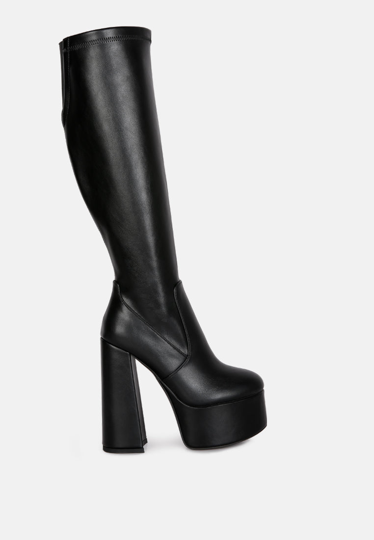 Coraline High Block Heeled Calf Boots in faux leather with elasticated gussets and block heels, perfect for winter occasions.