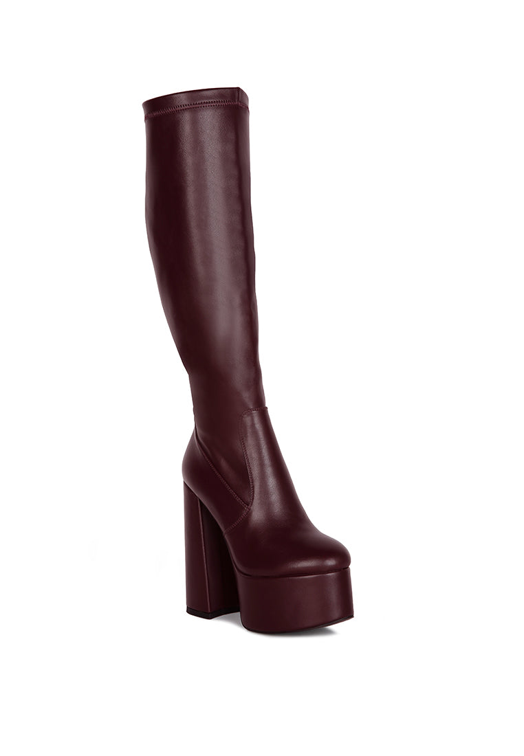 Coraline High Block Heeled Calf Boots in faux leather with elasticated gussets and block heels, perfect for winter occasions.