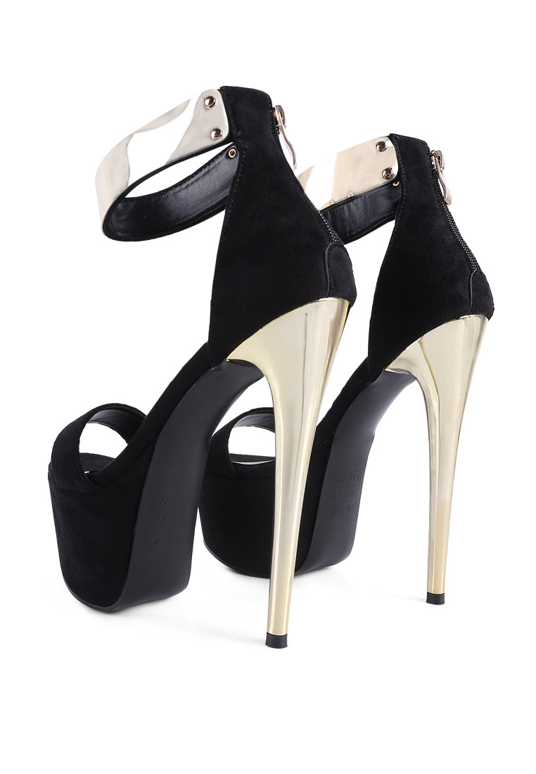 Cosmo Girl Metal Band High Heeled Sandals featuring a metallic ankle band and high pointed heel, perfect for stylish occasions.