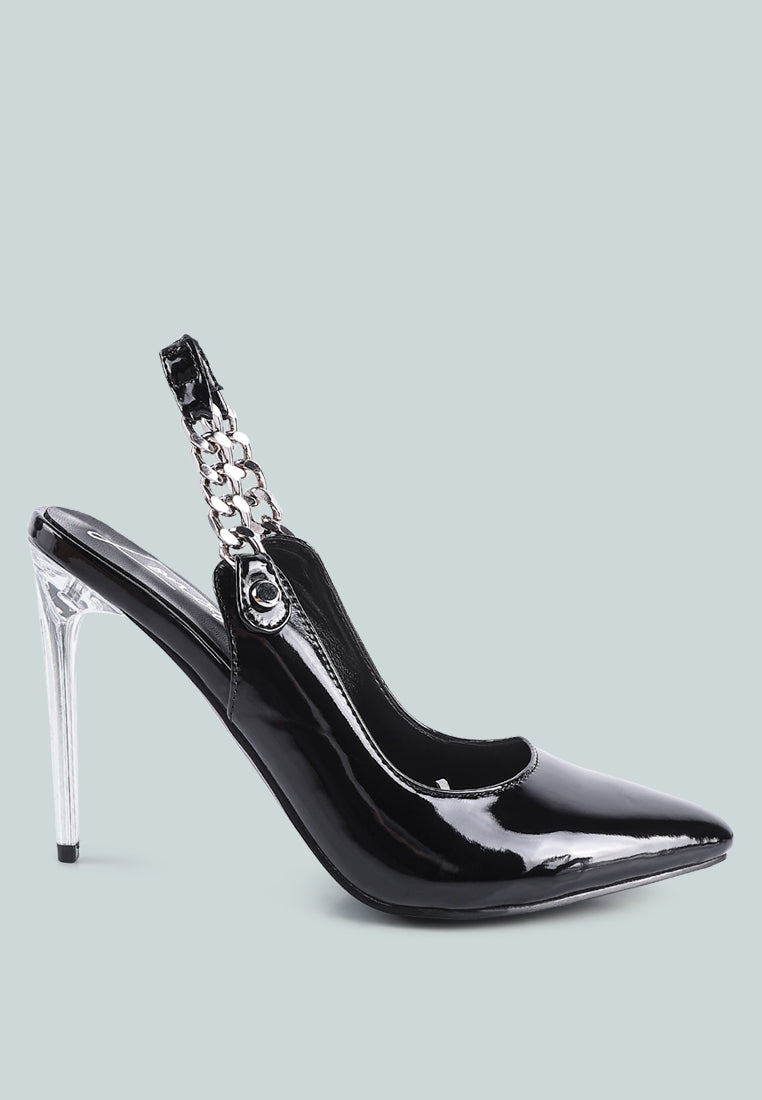 A pair of elegant Coveted Stiletto Heeled Slingback Sandals featuring a glossy patent PU upper, metallic chain detail, and high pointed heels.