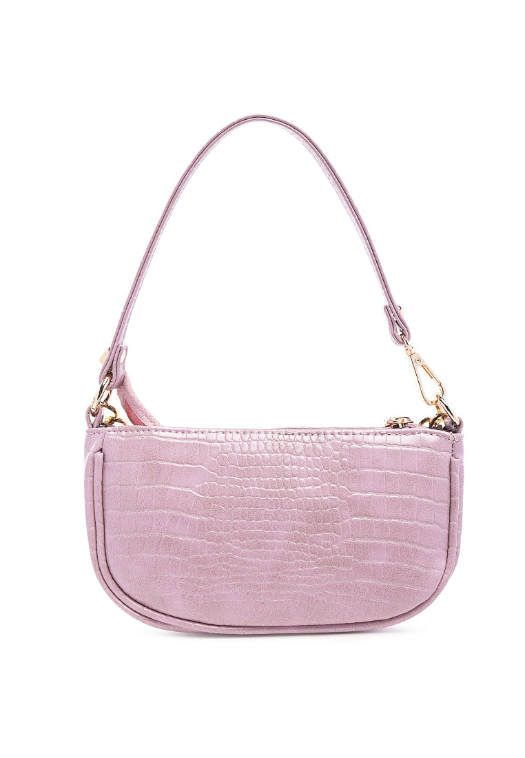 Stylish Croc Sling Bag in shiny faux leather with a detachable strap and zipped compartments, available in various colors.