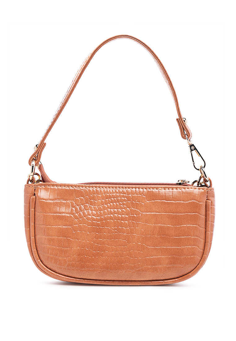 Stylish Croc Sling Bag in shiny faux leather with a detachable strap and zipped compartments, available in various colors.