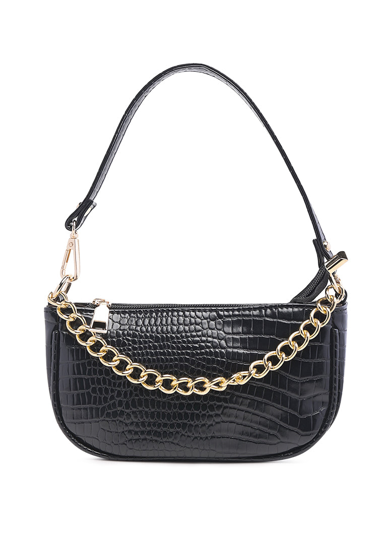 Stylish Croc Sling Bag in shiny faux leather with a detachable strap and zipped compartments, available in various colors.