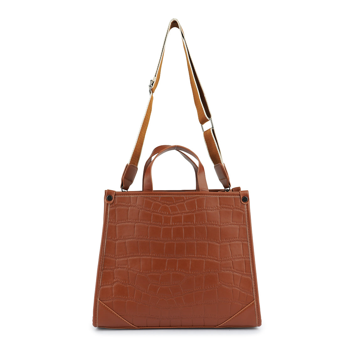 Stylish Croco Hand Bag with trapezium shape and adjustable straps, featuring a textured surface and metallic pegs at the bottom.