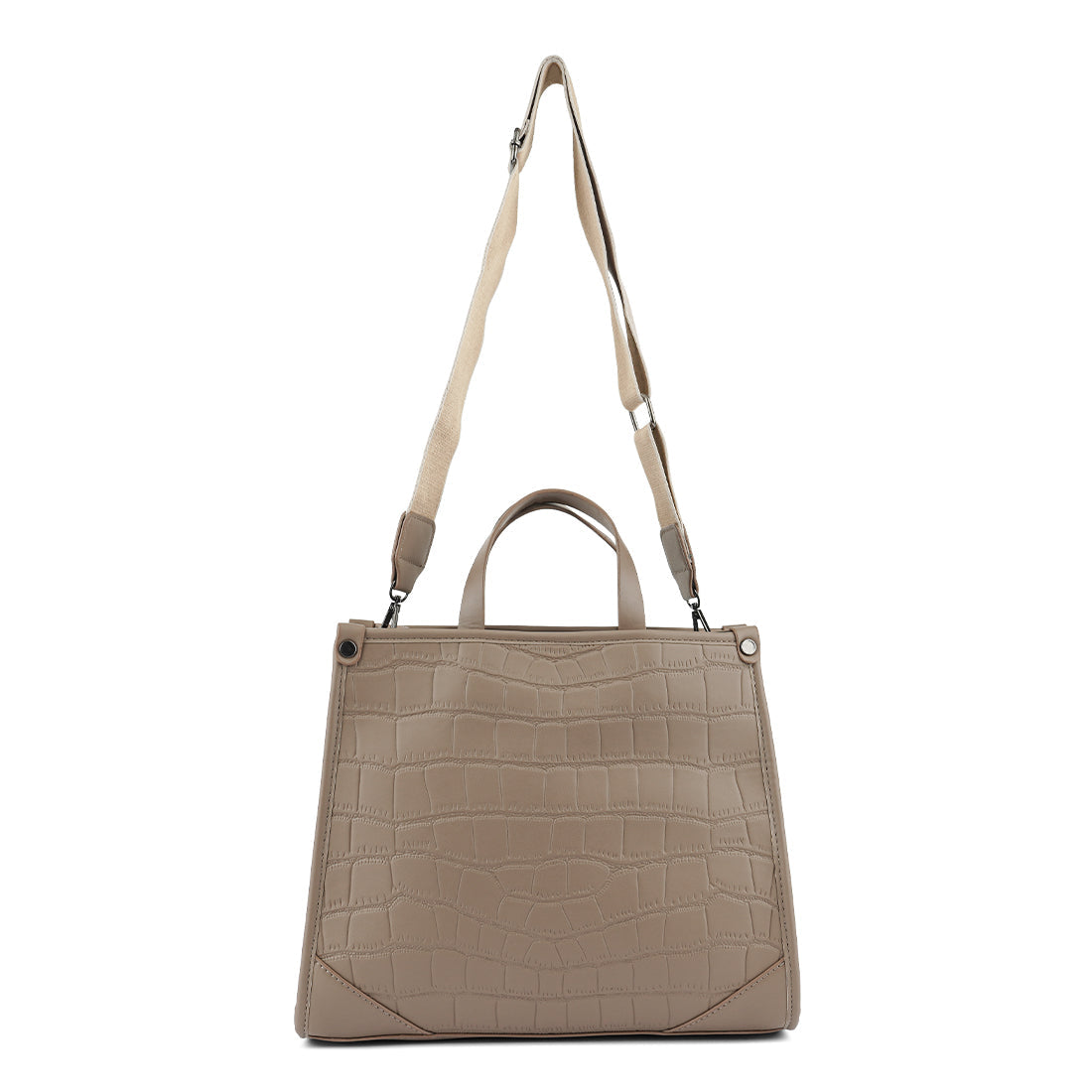 Stylish Croco Hand Bag with trapezium shape and adjustable straps, featuring a textured surface and metallic pegs at the bottom.