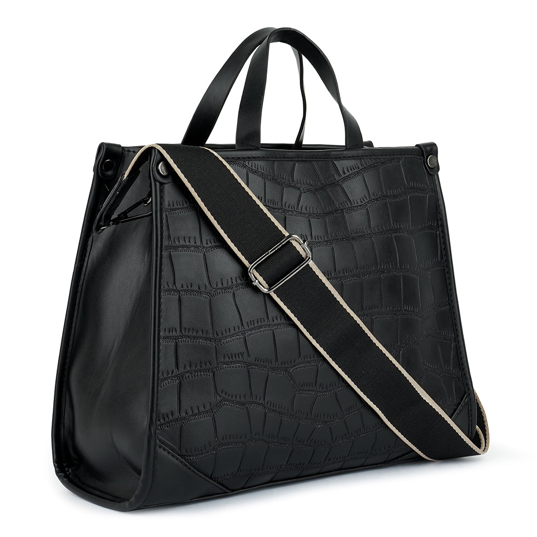 Stylish Croco Hand Bag with trapezium shape and adjustable straps, featuring a textured surface and metallic pegs at the bottom.