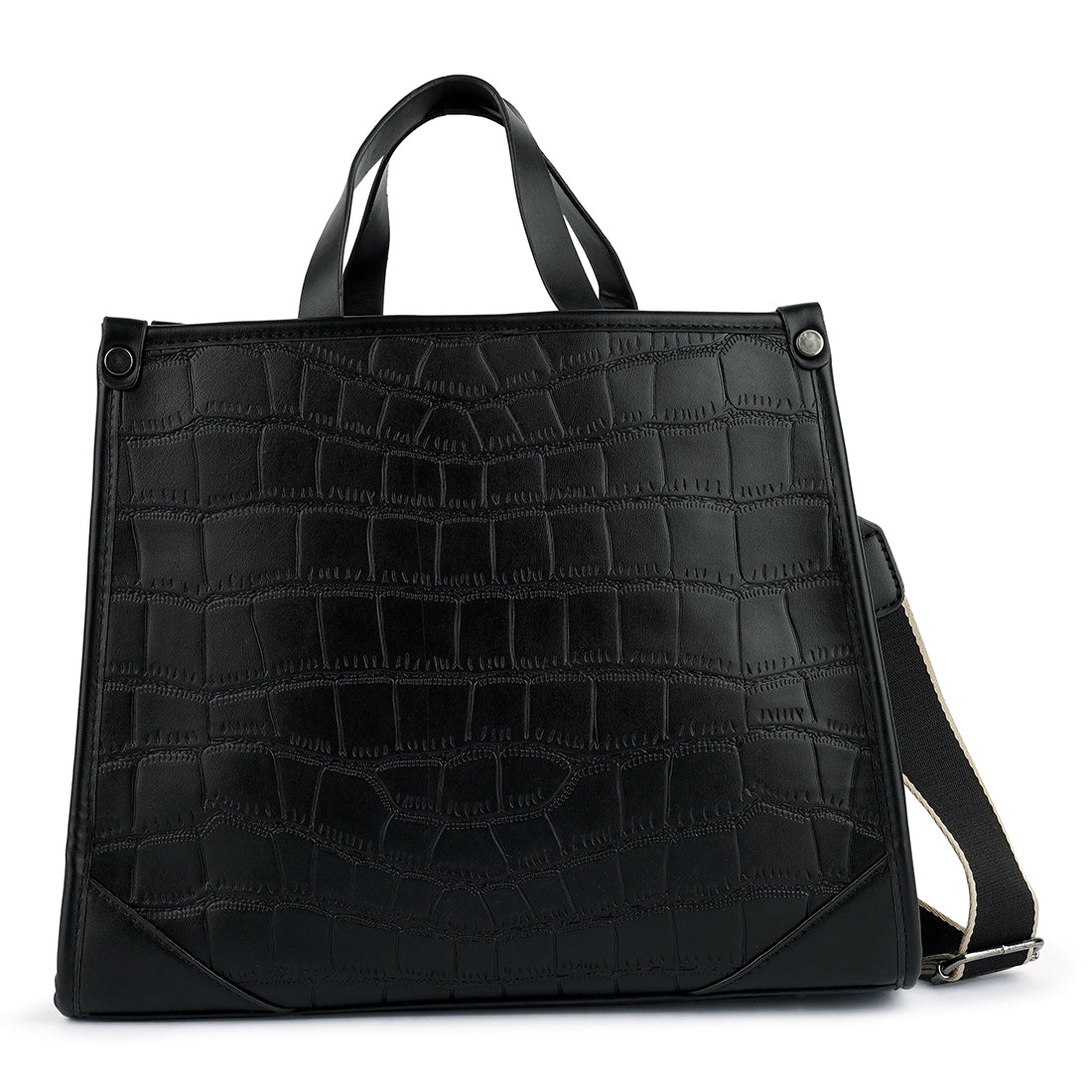 Stylish Croco Hand Bag with trapezium shape and adjustable straps, featuring a textured surface and metallic pegs at the bottom.