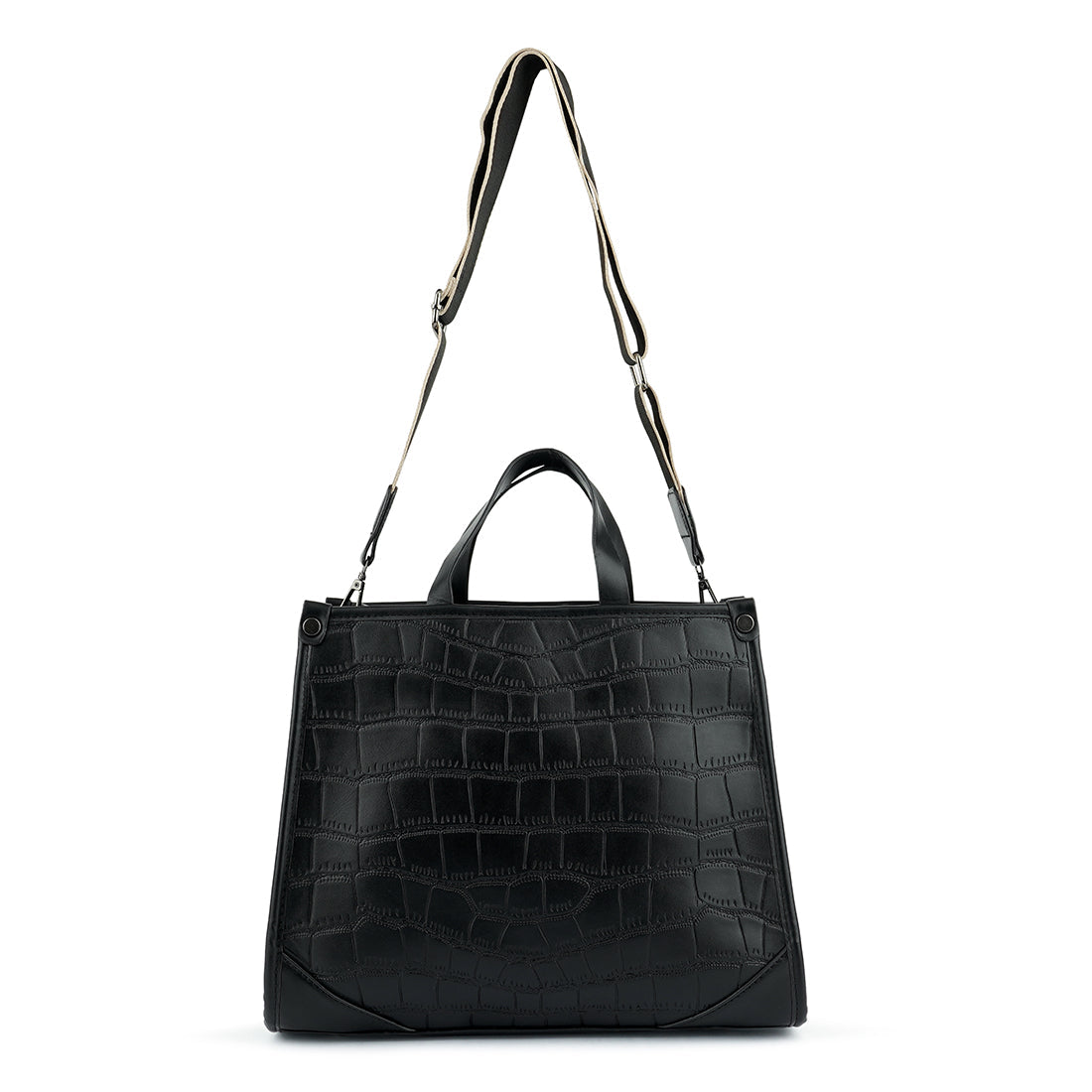 Stylish Croco Hand Bag with trapezium shape and adjustable straps, featuring a textured surface and metallic pegs at the bottom.