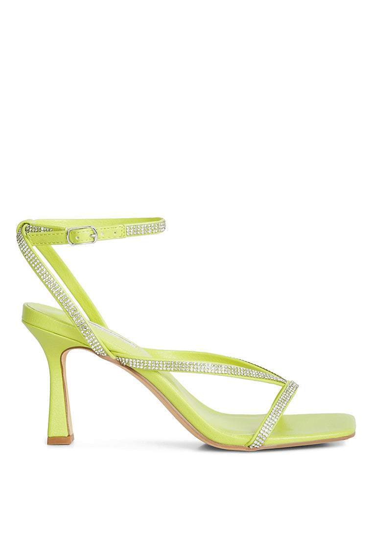 Crush It Diamante Mid Heel Sandal featuring elegant diamante straps and a comfortable mid spool heel.