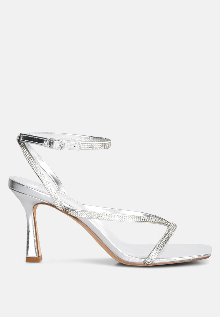 Crush It Diamante Mid Heel Sandal featuring elegant diamante straps and a comfortable mid spool heel.