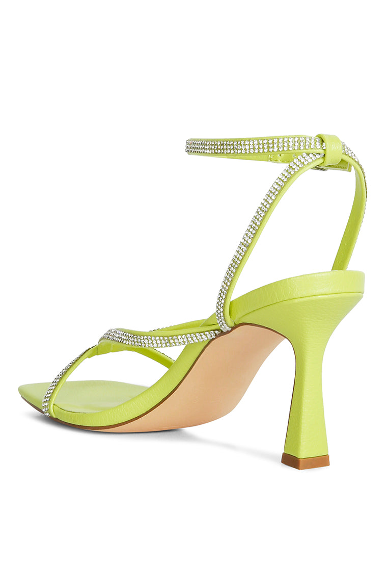 Crush It Diamante Mid Heel Sandal featuring elegant diamante straps and a comfortable mid spool heel.