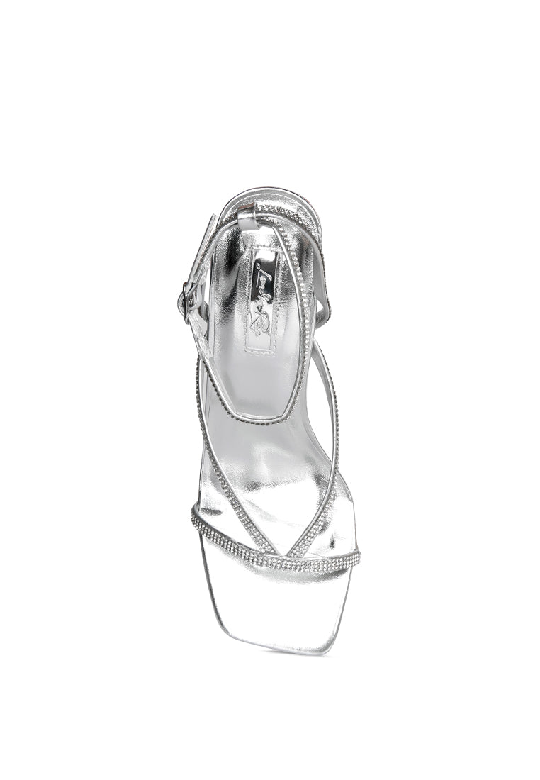 Crush It Diamante Mid Heel Sandal featuring elegant diamante straps and a comfortable mid spool heel.