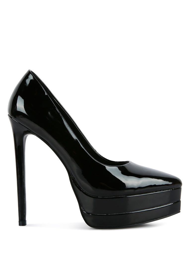 Cuddles Patent Faux Leather Platform Stiletto Pumps showcasing a shiny finish, pointed toe, and high platform design, perfect for elegant occasions.