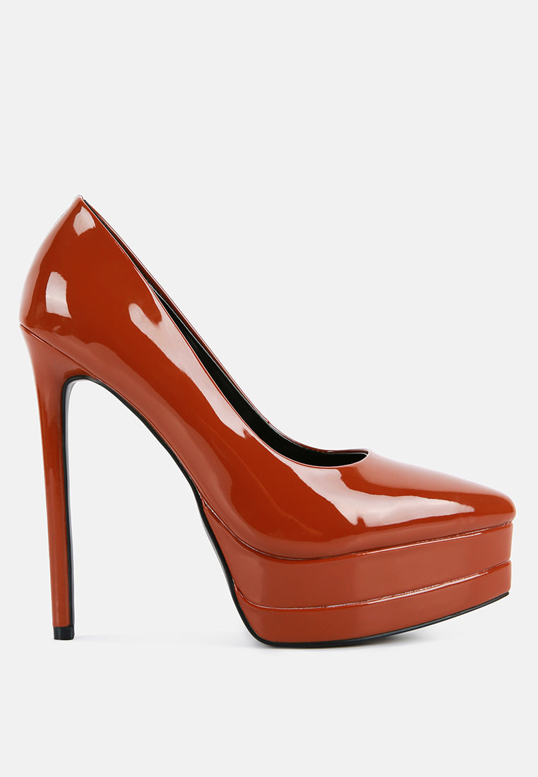 Cuddles Patent Faux Leather Platform Stiletto Pumps showcasing a shiny finish, pointed toe, and high platform design, perfect for elegant occasions.