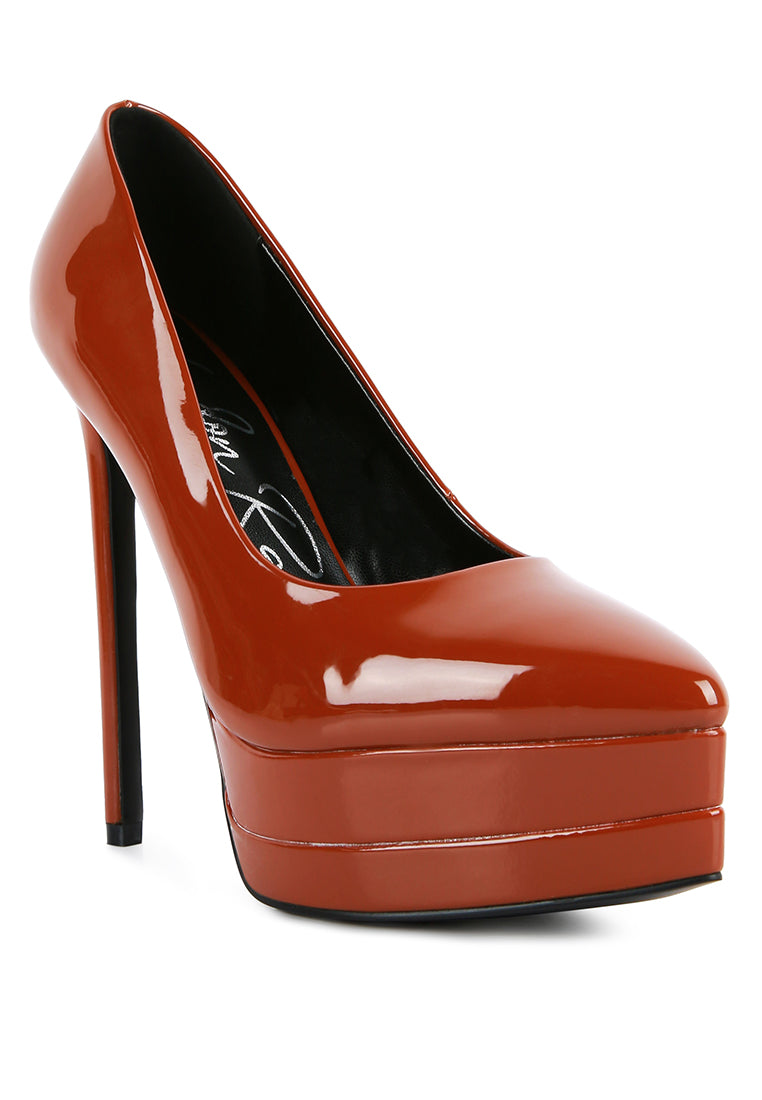 Cuddles Patent Faux Leather Platform Stiletto Pumps showcasing a shiny finish, pointed toe, and high platform design, perfect for elegant occasions.