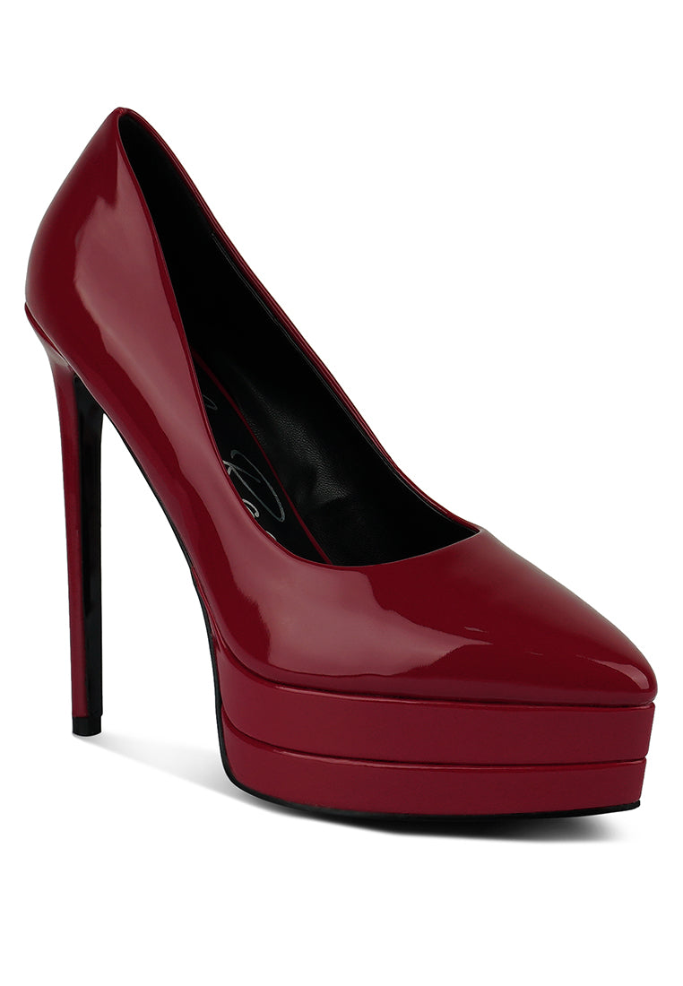 Cuddles Patent Faux Leather Platform Stiletto Pumps showcasing a shiny finish, pointed toe, and high platform design, perfect for elegant occasions.