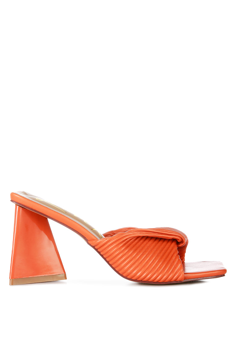 Cupid Kiss Pleated Twist Strap Sandals featuring triangular block heel and pleated straps, perfect for casual styling.