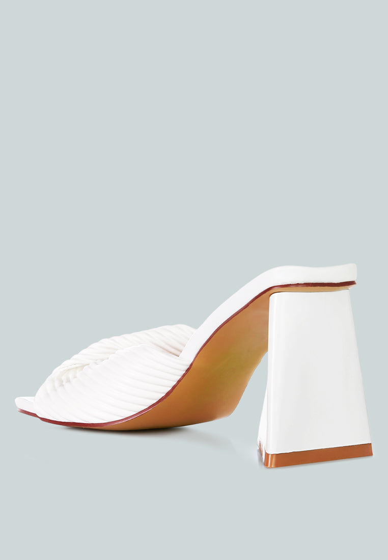 Cupid Kiss Pleated Twist Strap Sandals featuring triangular block heel and pleated straps, perfect for casual styling.