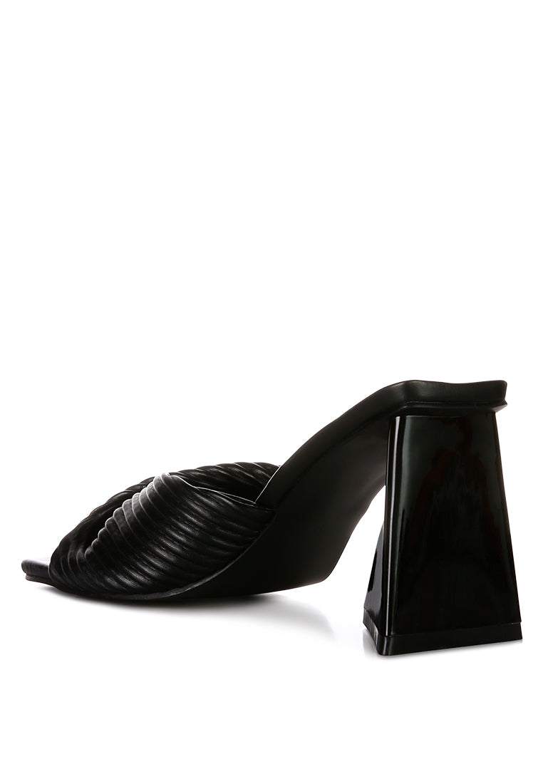 Cupid Kiss Pleated Twist Strap Sandals featuring triangular block heel and pleated straps, perfect for casual styling.