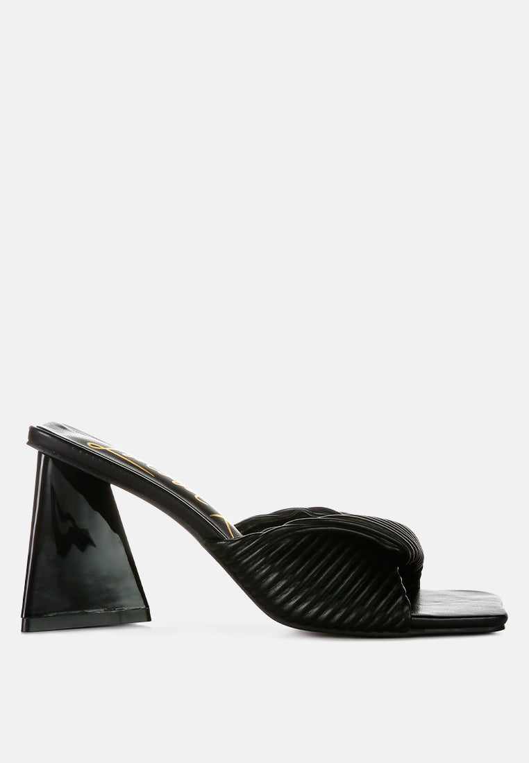 Cupid Kiss Pleated Twist Strap Sandals featuring triangular block heel and pleated straps, perfect for casual styling.