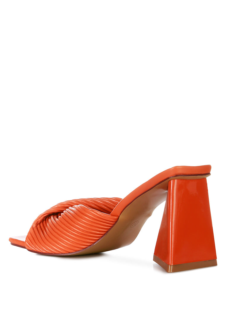 Cupid Kiss Pleated Twist Strap Sandals featuring triangular block heel and pleated straps, perfect for casual styling.