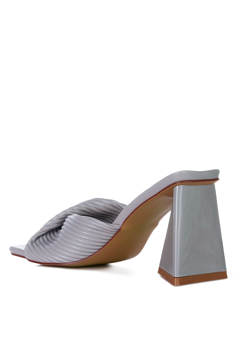 Cupid Kiss Pleated Twist Strap Sandals featuring triangular block heel and pleated straps, perfect for casual styling.